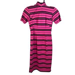 1960s Pink Black Striped Knit Cheongsam Qipao Dress XXS XS Wiggle Mod